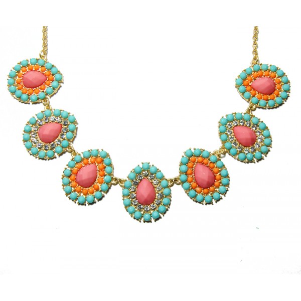 Pastel Beaded Teardrop Gem Statement Bib Necklace